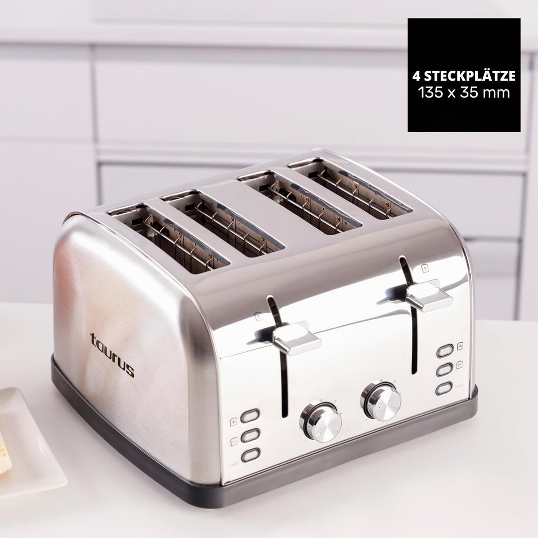 Taurus – Toaster Vintage Four 1900W | 4 Schlitze 135x35mm | 7 Bräunungsstufen | 3 Funktionen | 2 sep