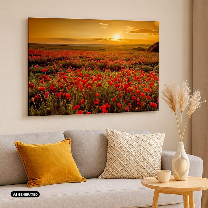 Bilder auf Leinwand 100x70cm Leinwandbild mit Rahmen Mohn Blume Wiese Gross Wanddeko Bild Schlafzimm