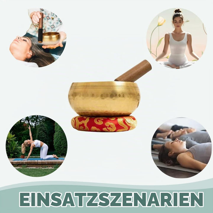 Tibetisches Klangschalen-Set Ø 8 &amp; 12 cm mit Chilin-Muster Inkl. Holzklöppel &amp; Schalenkissen | Handg