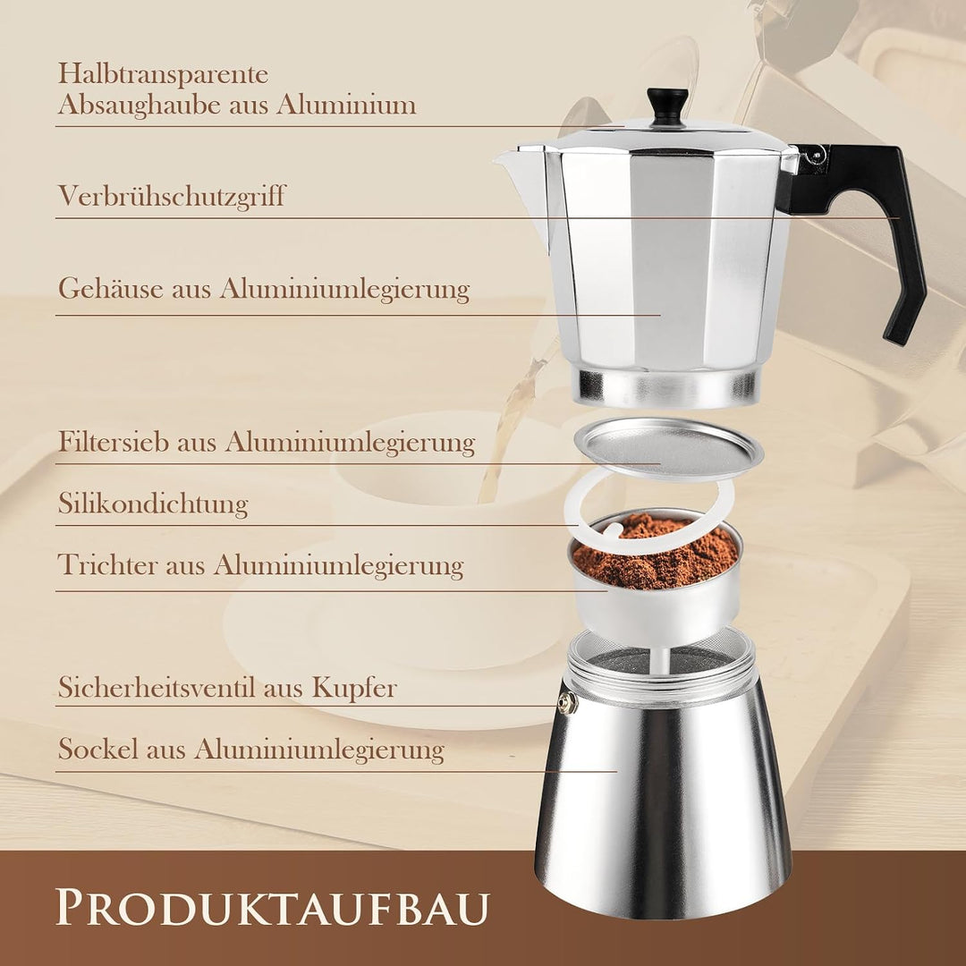 Espressokocher aus Aluminium, Mokkakanne 450 ml für 9 Tassen | Transparenter Deckel, Tropffreie Ausg