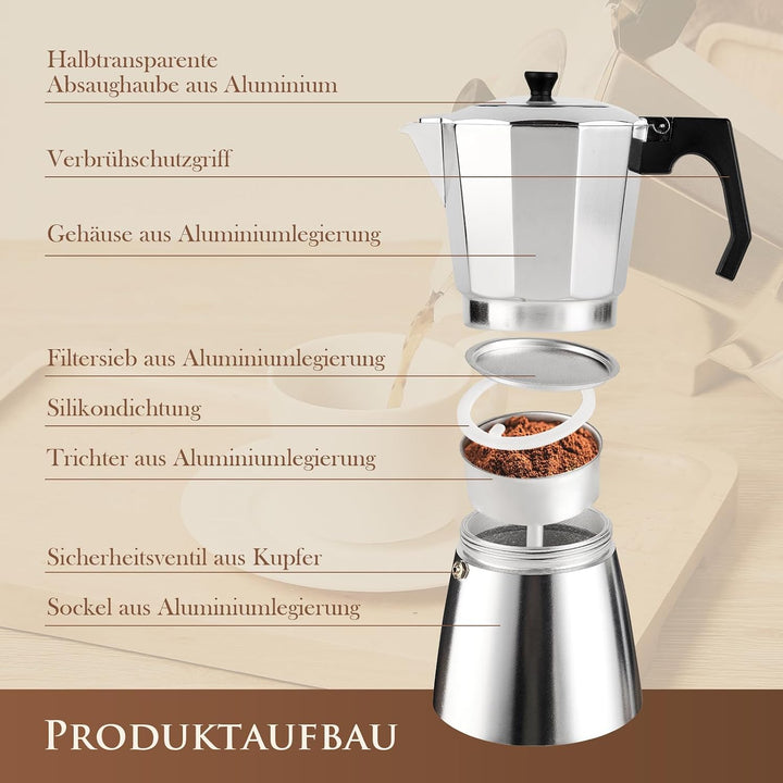 Espressokocher aus Aluminium, Mokkakanne 700 ml für 14 Tassen | Transparenter Deckel, Tropffreie Aus