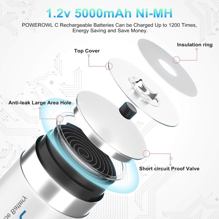 POWEROWL C Baby Akku 1.2V 5000mAh NI-MH Akku C Wiederaufladbar Batterien Geringer Selbstentladung &