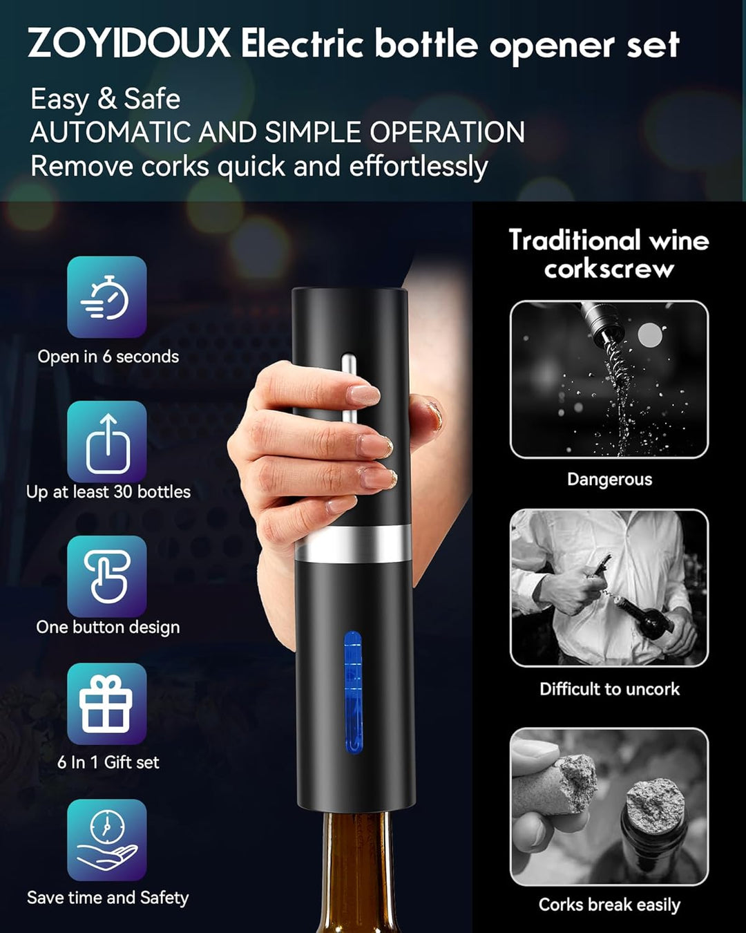Wiederaufladbarer elektrischer Korkenzieher, elektrischer Weinöffner 6 in 1 Set Mit Folienschneider,