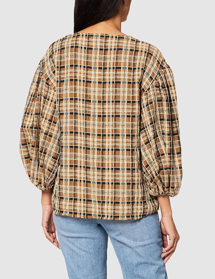 IPEKYOL Damen Baloon Sleeve Plaid Pattern Blouse 42 Brown, 42 Brown