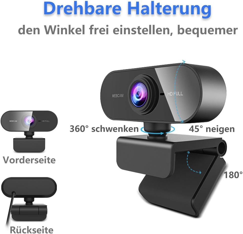 Webcam Full HD 1080P, PC Kamera mit Mikrofon, Computer Web Cam Plug&Play, USB Facecam für Linux, Win