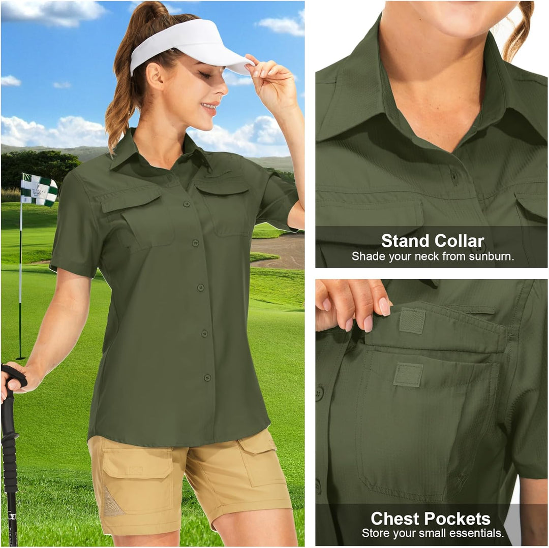 yeyity Hemdbluse Damen Kurzarm UV Schutz Wander Shirt Damen Atmungsaktiv Safari Hemd Schnelltrocknen