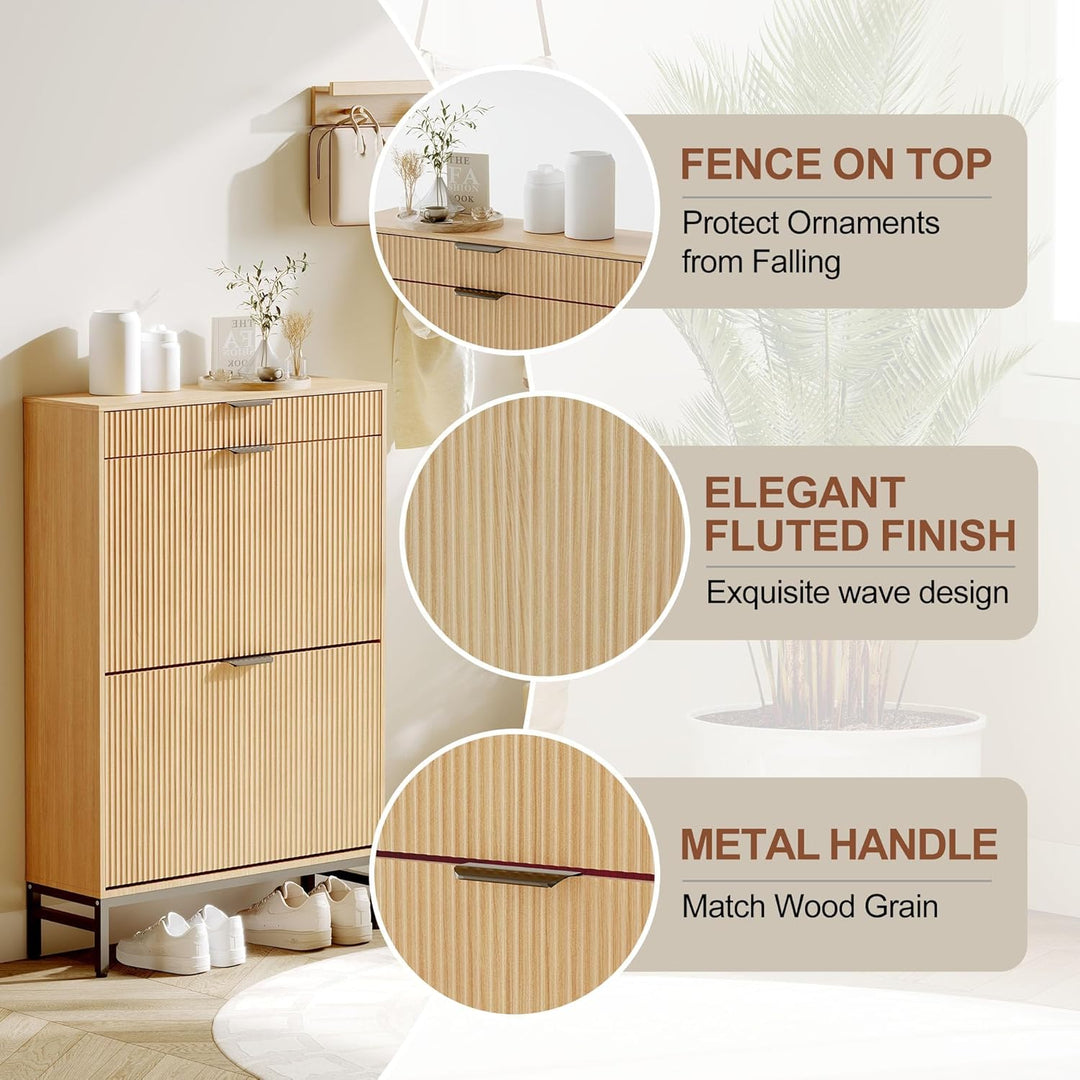Platzsparender Schuhschrank schmal mit 2 Klappfächern &amp; Schublade – modernes Fluted-Design – freiste