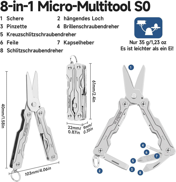 NexTool Multitool Mini Sailor Scissors S0,8-in-1 Micro Ultraleicht EDC Multitool für Schlüsselbund m