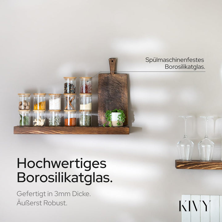 KIVY Gewürzgläser mit Holzdeckel - 12 x 150ml - Luftdichte und stapelbare Gewürzbehälter Glas - Gewü