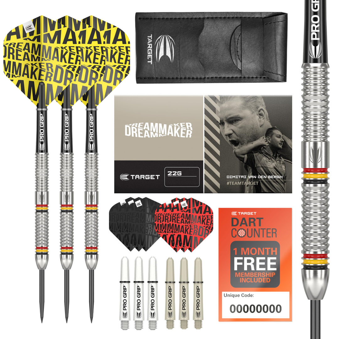 Target Darts Dimitri Van den Bergh 24G Tungsten Steeldart Set - 9 Pro Grip Shafts - 9 Pro Ultra Flig