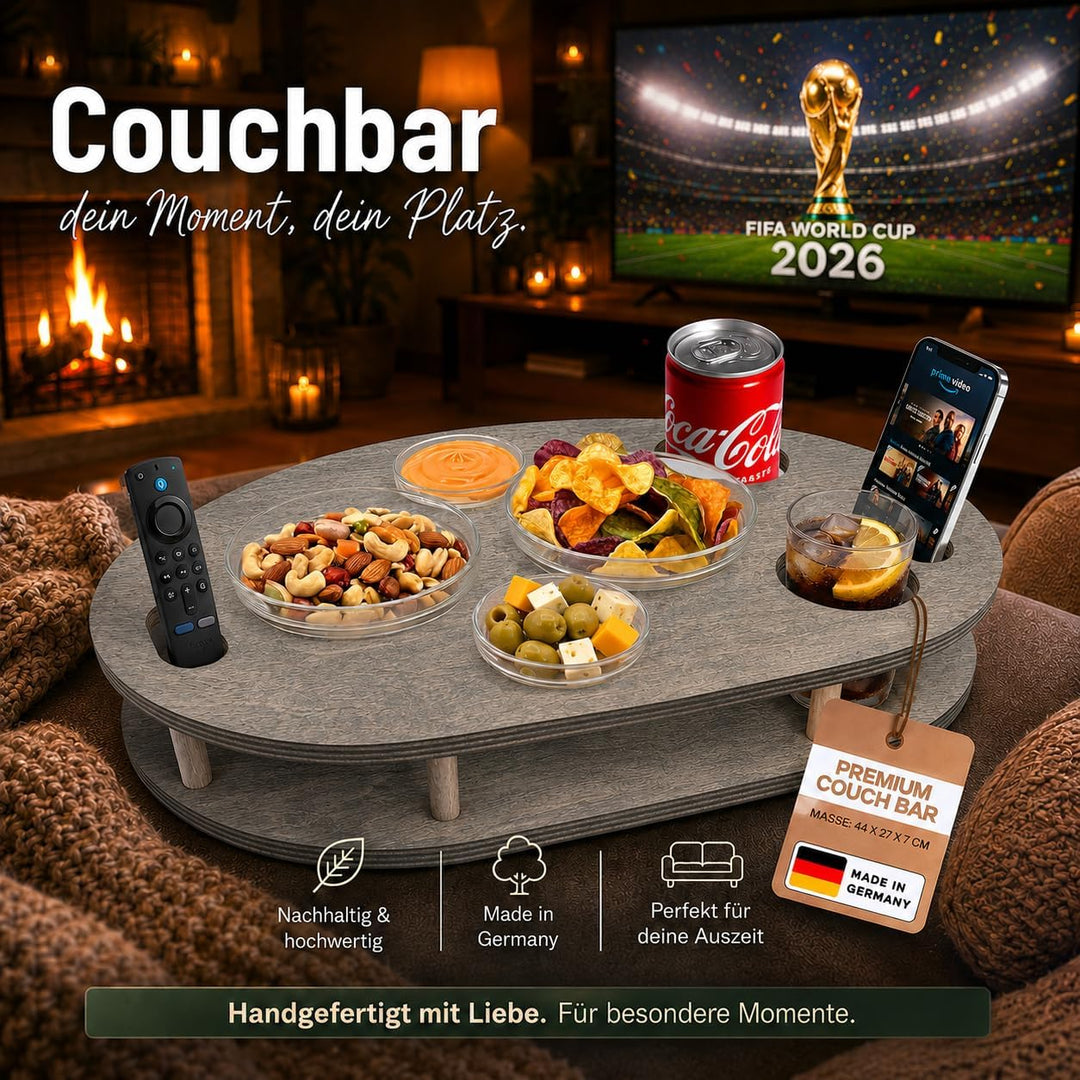 Couchbar Snackbox in grau mit 4 Glasschalen - Sofabar für Snacks und Getränke - Couchtabletts mit Ge