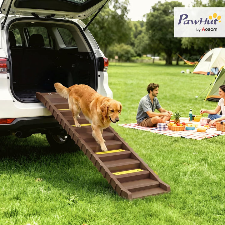 PawHut Hunderampe Klappbar rutschfest für Auto &amp; SUV 154x40cm Braun | Hundetreppe mit 10 Stufen Ruts