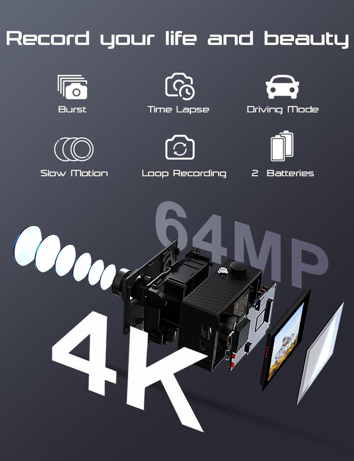 Apexcam 4K Action Cam 20MP mit 64GB Speicherkarte WiFi Sports Kamera Ultra HD Unterwasserkamera 40m