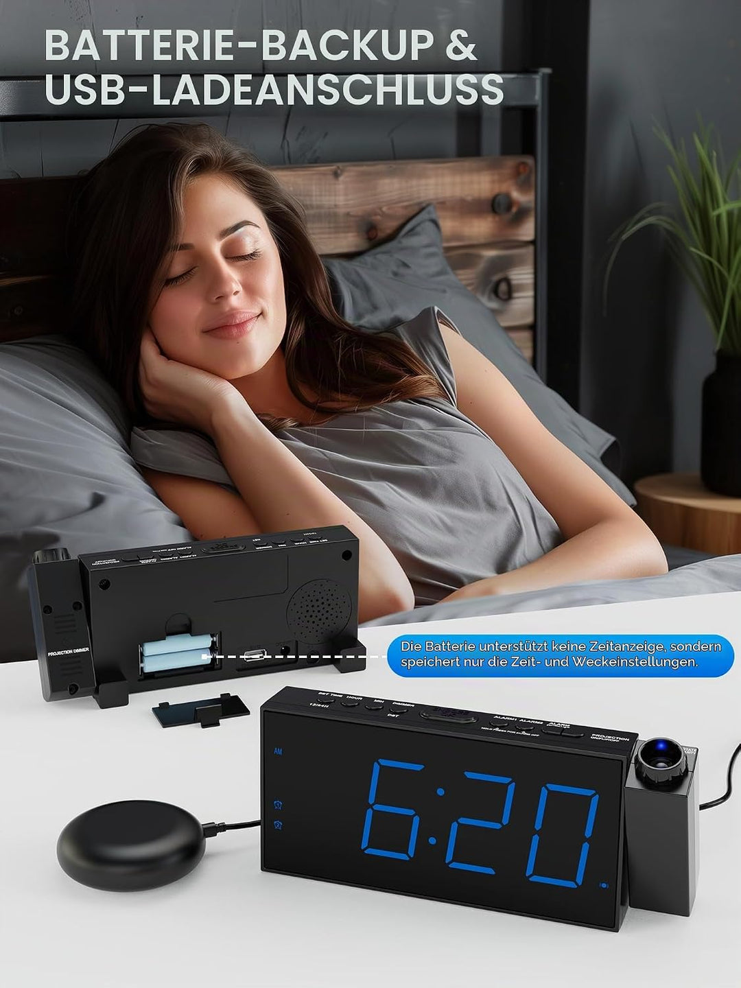 Mesqool Projektionswecker für Schlafzimmer, Lauter Vibrationswecker für Schwerschläfer, Hörgeschädig