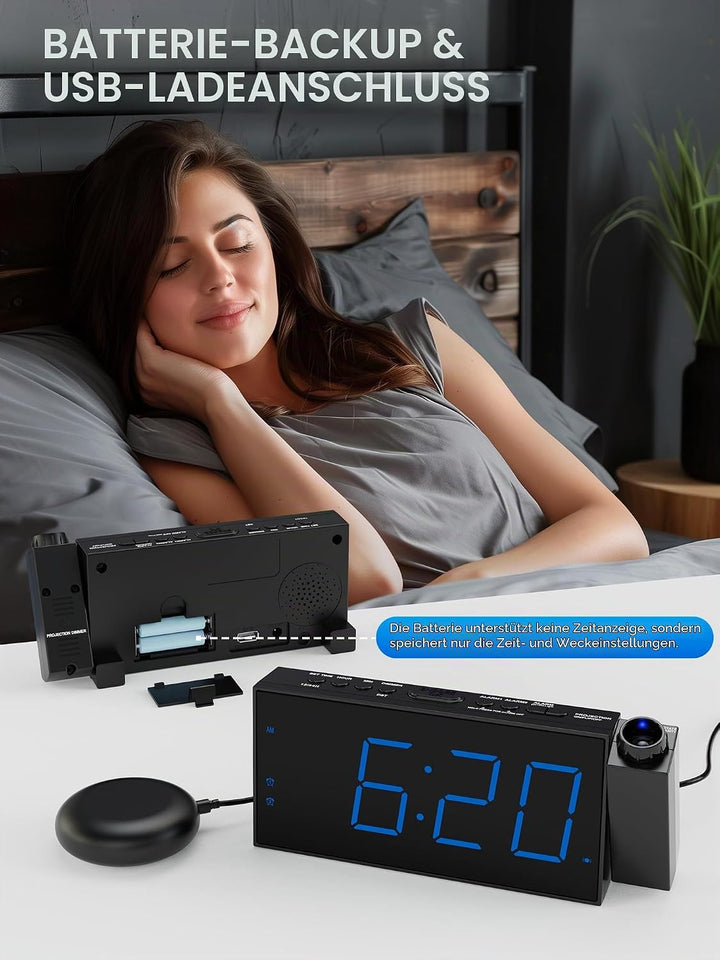 Mesqool Projektionswecker für Schlafzimmer, Lauter Vibrationswecker für Schwerschläfer, Hörgeschädig