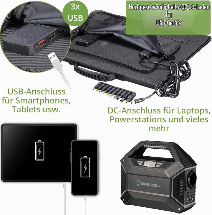 Bresser Solar Ladegerät 40W mit 1x DC- und 3x USB-A-Anschlüssen inkl. USB-A-Buchse mit QC3.0 zur Sch