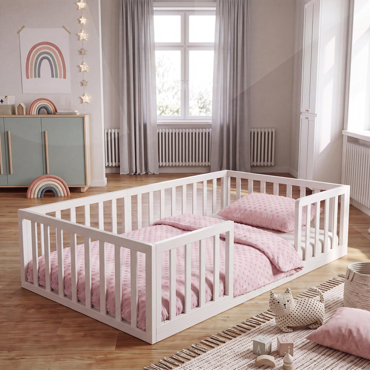 roba Montessori Bodenbett 70x140 cm weiss mit Rausfallschutz &amp; Lattenrost | Montessori Kinderbett •