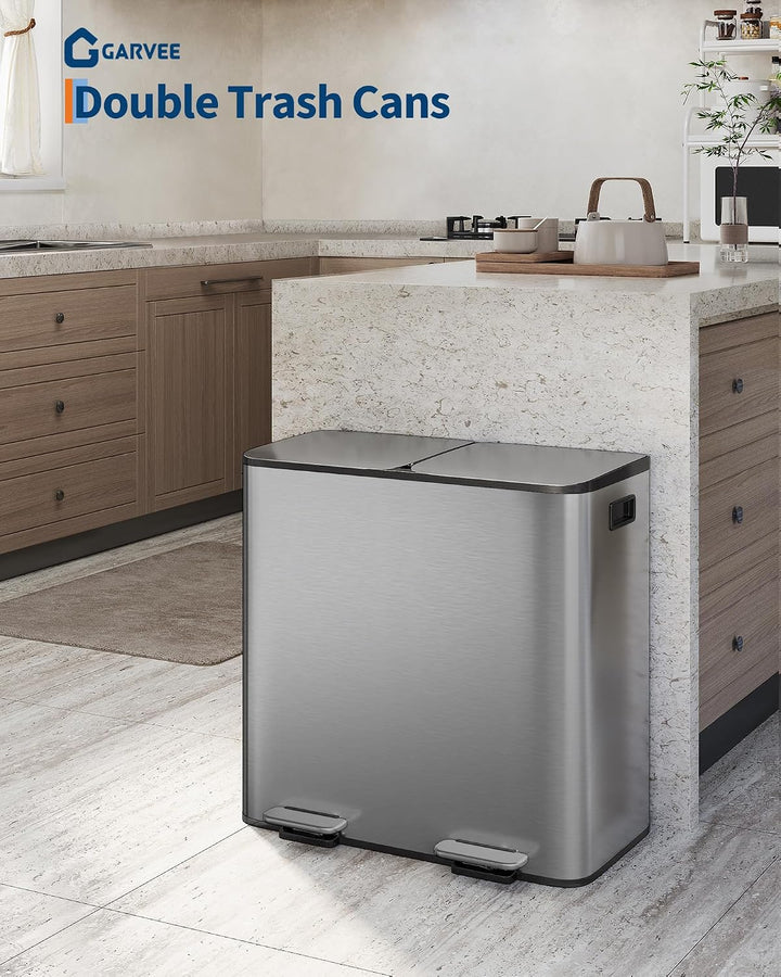 GarveeHome Mülleimer Küche, 2 x 40 L, Mülltrennsystem 2 Fächer, Metall-Tretmülleimer mit Seitlichem