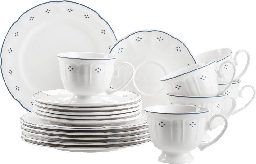 Mäser Serie Lova, Kaffeeservice 18-teilig Porzellan – 6 Dessertteller 19,5 cm, 6 Tassen 19 cl & 6 Un