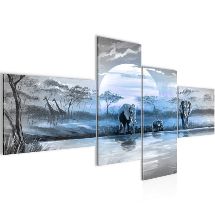 Runa Art Bild Modern Afrika Elefant - Made in Germany - Wandbilder Savanne Blau Grau 4 Teilig 000742