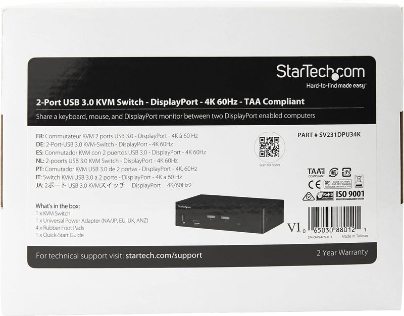 StarTech.com 2 Port DisplayPort KVM Switch - 4K 60Hz - Einzelner DP 4K Bildschirm - Dual Port UHD DP