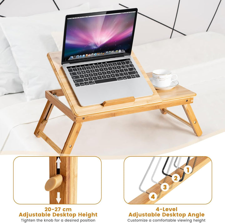 GIANTEX Laptoptisch fürs Bett, Bambus-Serviertablett mit 4-stufiger neigbarer Schreibtischplatte und