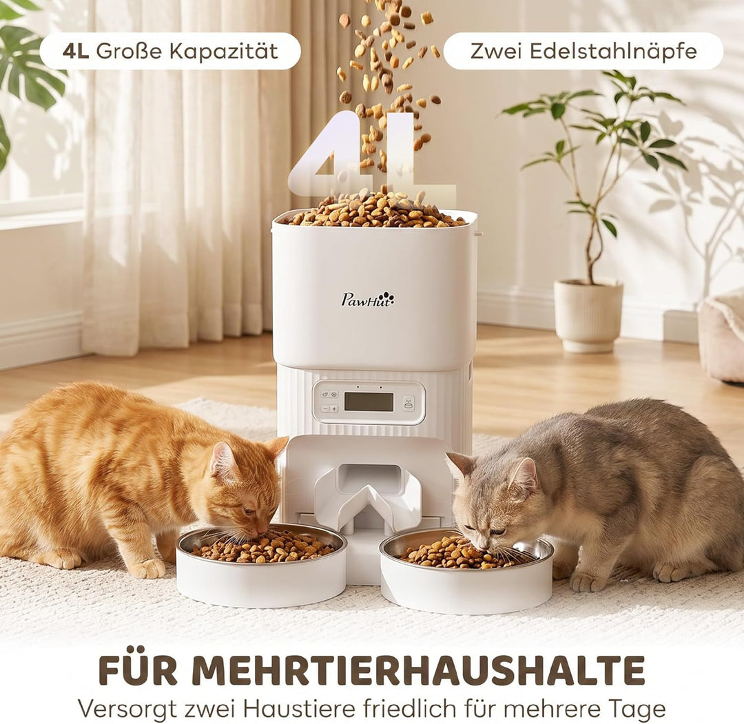 PawHut Futterautomat Katze 4L mit 2 Edelstahlnäpfen für Katze und Hund | Katzenfutter Automat, 1–6 M