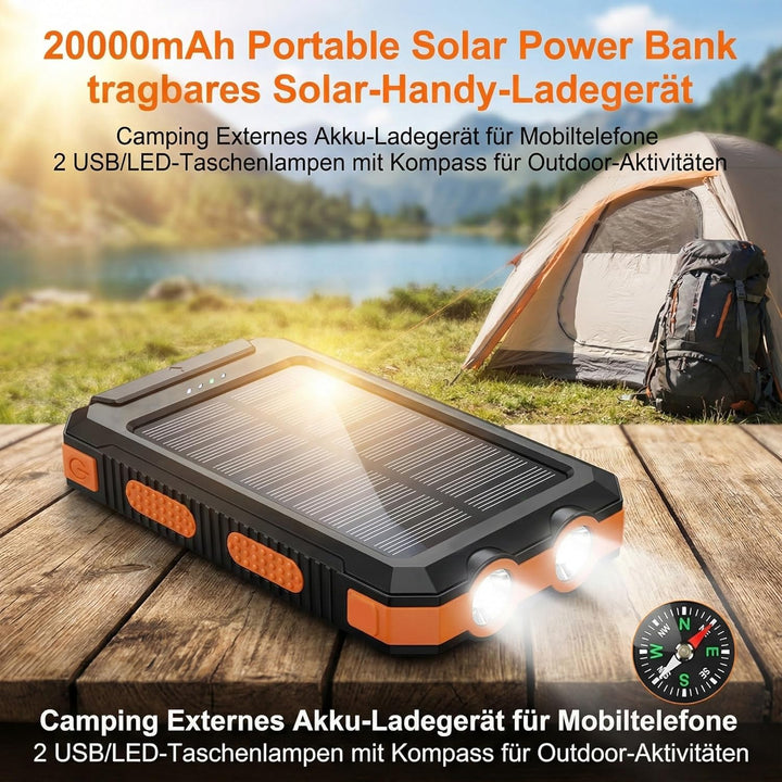 Solar Powerbank 20000mAh, Wasserdichtes USB C Externer Akku mit 2 Outputs, 2 USB-Anschlüssen, LED-Ta