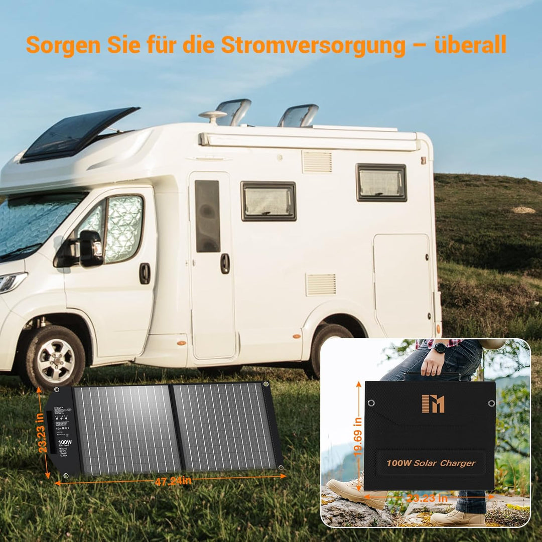 Mesuvida 100W Solar Ladegerät Faltbar mit 5 Anschlüssen, 18V MC4 höhere Leistung/12V DC/QC 3.0 USB-A