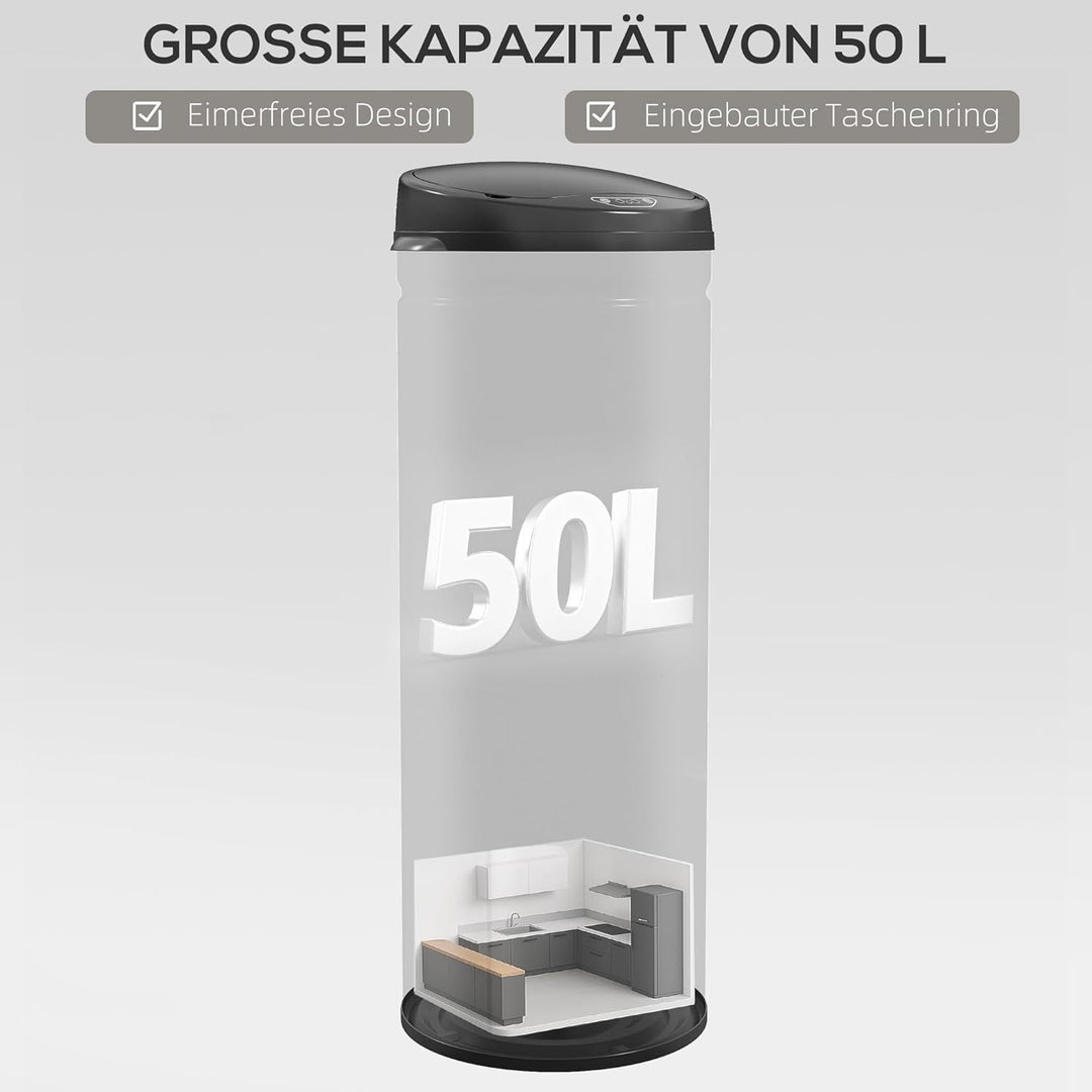 HOMCOM Mülleimer mit Sensor 50L Edelstahl Automatischer Leiser Mülleimer mit Soft-Close-Deckel, Bewe