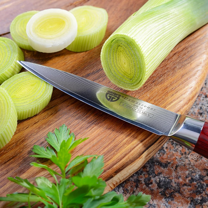 GRÄWE Damaszener Gemüsemesser, 10 cm Klinge, scharf, mit Holzgriff, Damast Küchenmesser in Geschenkb