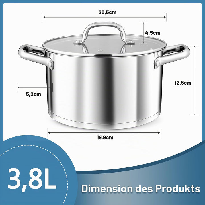 TEAMFAR Kochtopf, 20cm Edeastahl Topf Nudeltopf Induktion mit 3-Lagen Boden für alle Herdarten, 3,8L