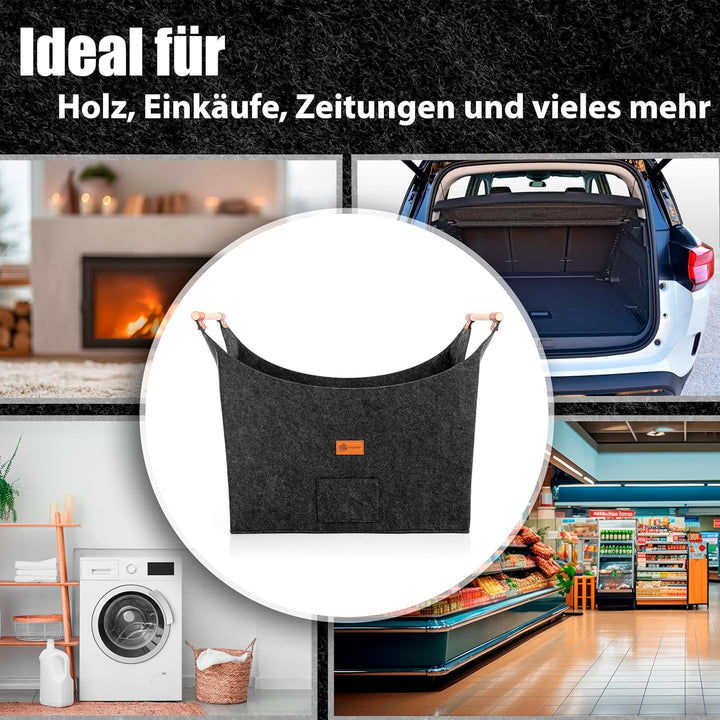 BigDean 2 Stück Holzkorb für Kaminholz belastbar bis 15kg – Brennholzkorb aus robustem Filz