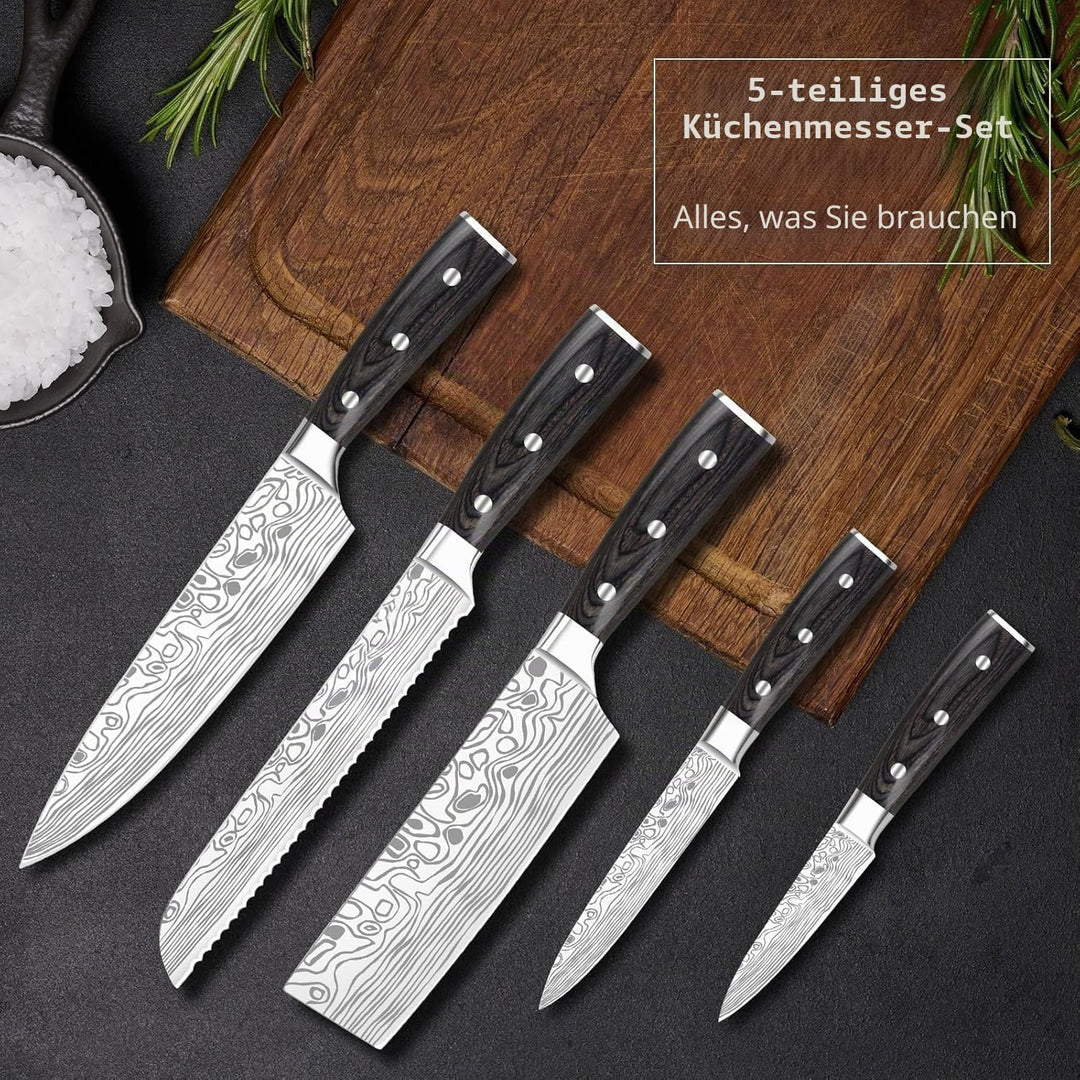 Kochmesser Set 5pcs aus Hochwertigem Edelstahl Profi Küchenmesser Set mit Kochmesser Brotmesser Naki