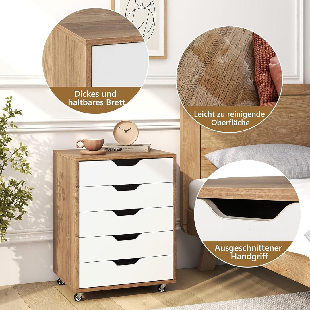 FANTASK Mobiler Aktenschrank, Mobiler Aktenschrank mit 5 Schubladen, Rädern, Schubladenkommode (Natü