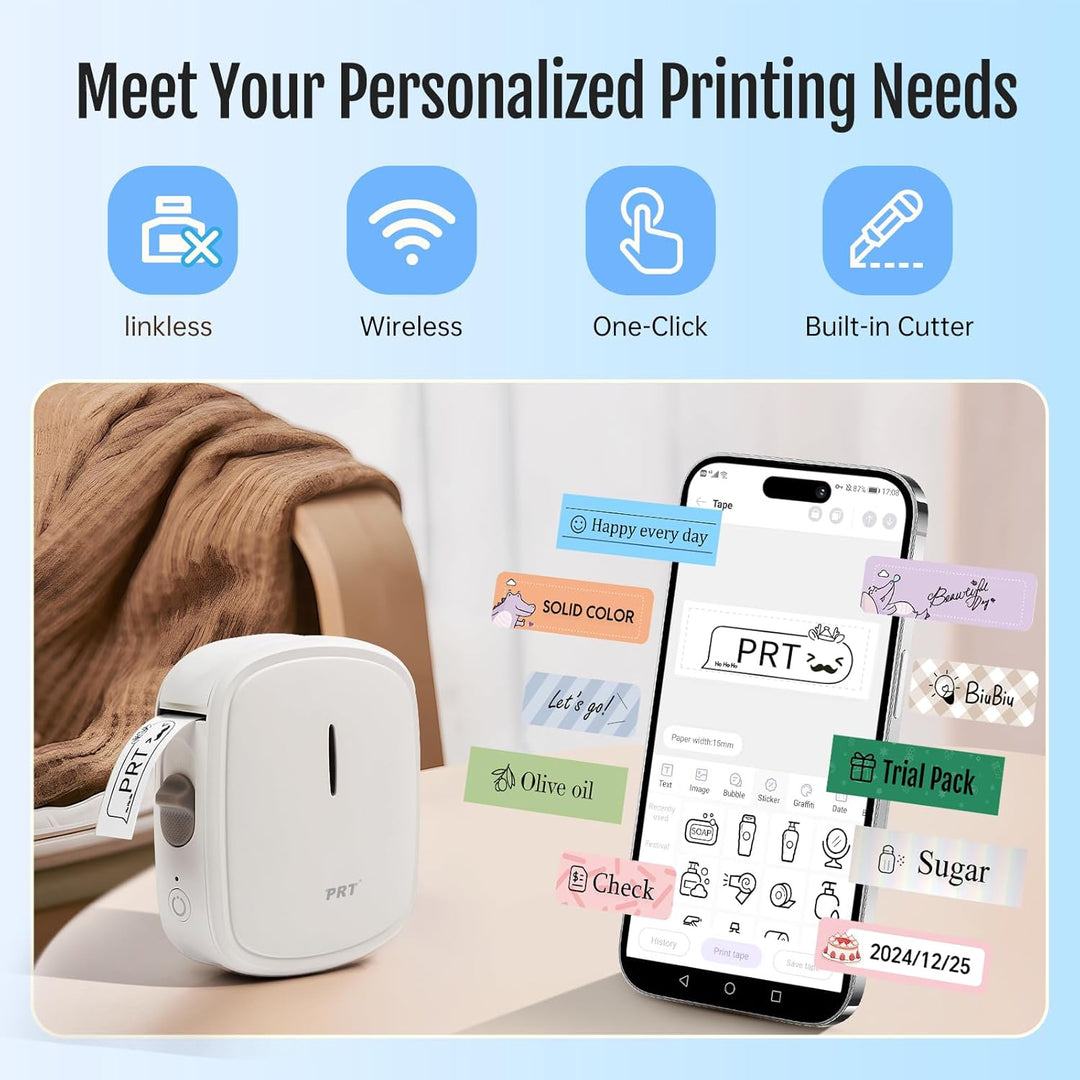 prt QUTIE Bluetooth Beschriftungsgerät Selbstklebend, Tragbarer Mini Etikettiergerät, USB Aufladen E
