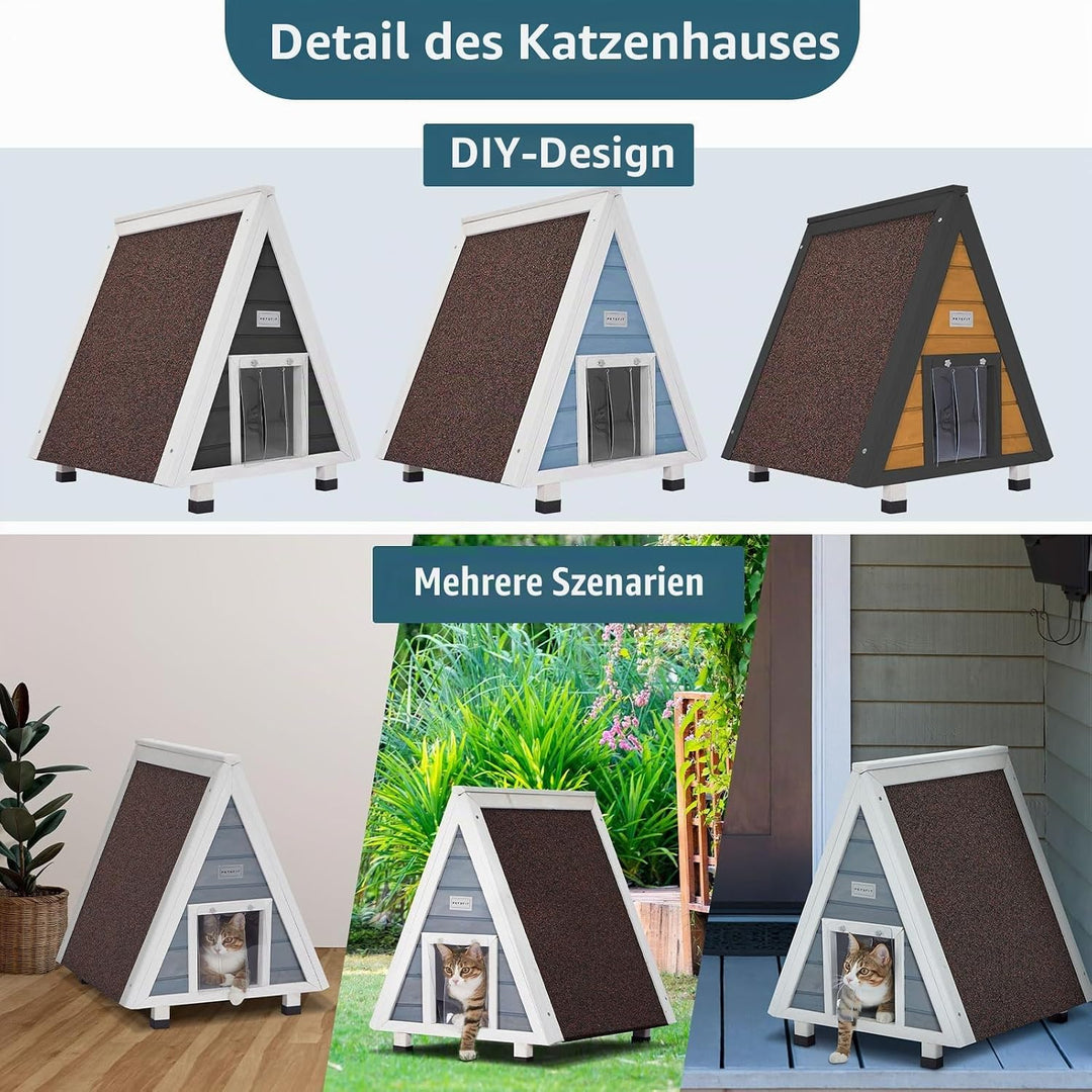 Petsfit Katzenhaus Outdoor Winterfest mit Fluchttür Katzenhaus Outdoor Holz mit erhöhtem Design Katz
