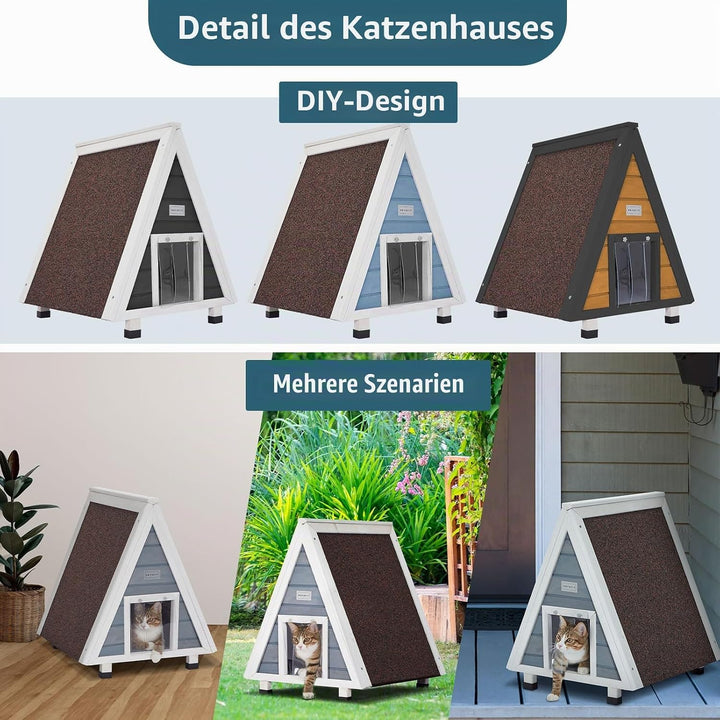 Petsfit Katzenhaus Outdoor Winterfest mit Fluchttür Katzenhaus Outdoor Holz mit erhöhtem Design Katz