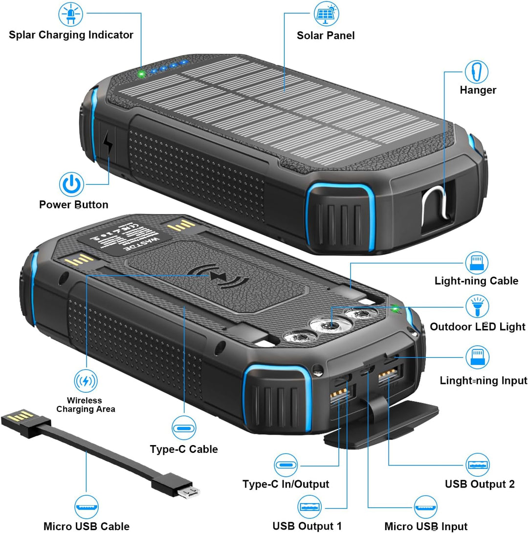 Solar Powerbank Wireless 26800mAh Solar Ladegerät, tragbare USB C Power Bank mit Outdoor Wasserdicht