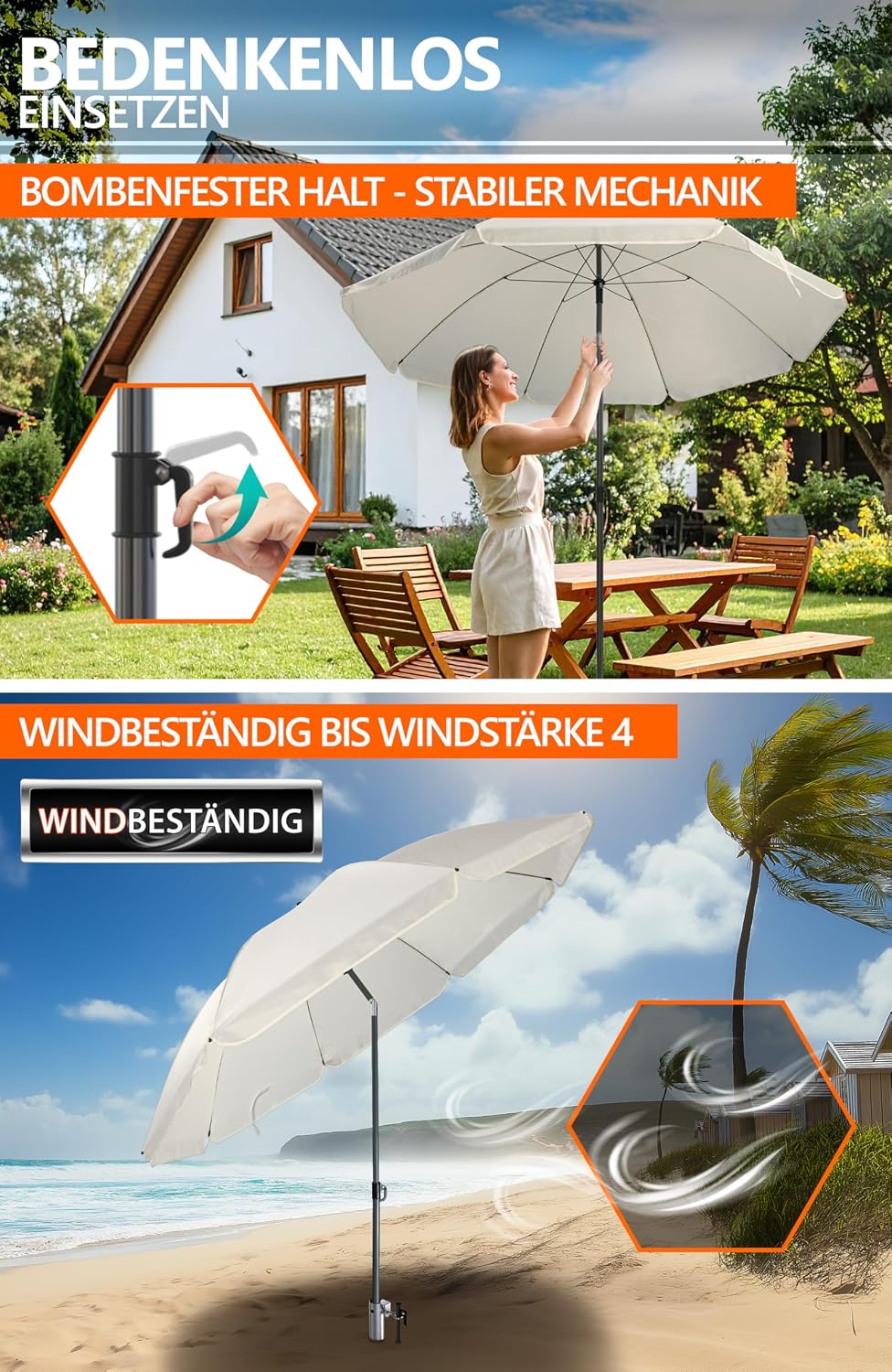 4smile Sonnenschirm Strand Ø 180 cm mit Eindrehbodenhülse, Beige | Strandschirm windfest stabil mit