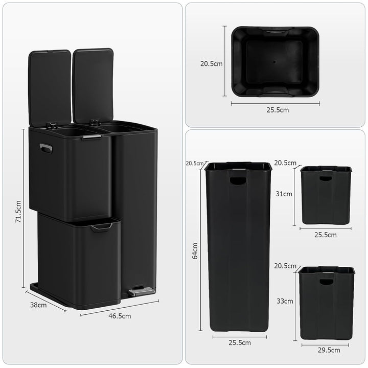 LIFERUN Mülleimer 3 Fächer, 60L Mülltrennsystem (30 + 17 + 13 L) mit Softclose Deckel, Abfalleimer K