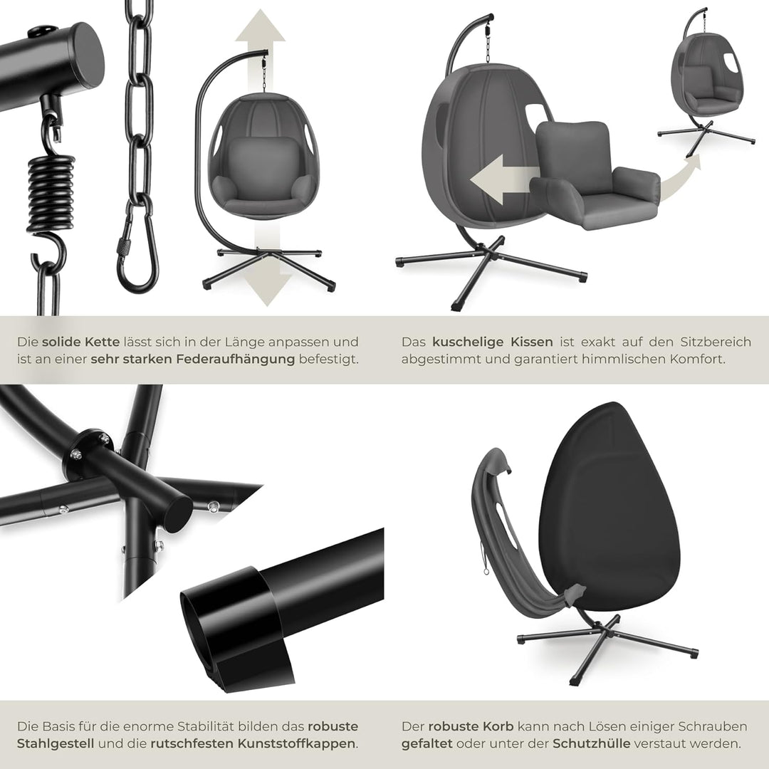 tectake® Hängesessel mit Gestell, Indoor oder Outdoor, Schaukel Sessel mit Kissen + Rückenkissen, Sc
