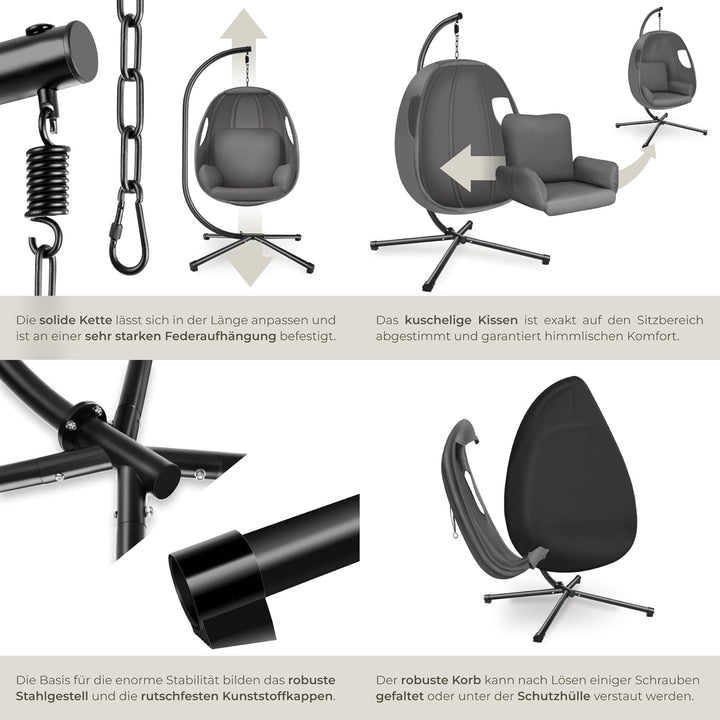 tectake® Hängesessel mit Gestell, Indoor oder Outdoor, Schaukel Sessel mit Kissen + Rückenkissen, Sc