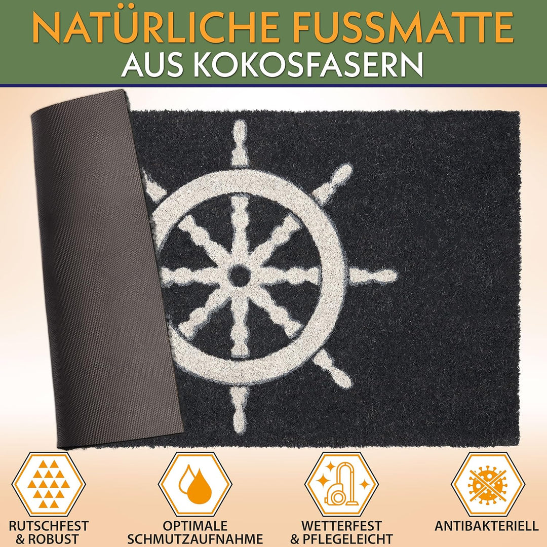 BRUBAKER Fussmatte für Aussen und Innen - Steuerrad Blau Weiss - 45 x 75 cm Schmutzfangmatte aus Kok