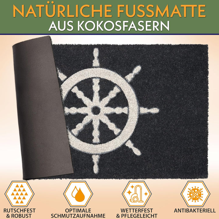 BRUBAKER Fussmatte für Aussen und Innen - Steuerrad Blau Weiss - 45 x 75 cm Schmutzfangmatte aus Kok