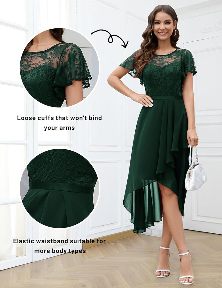 Wedtrend Abendkleid Damen Elegant für Hochzeit High Low Cocktailkleid Chiffonkleid mit Spitzen A Lin