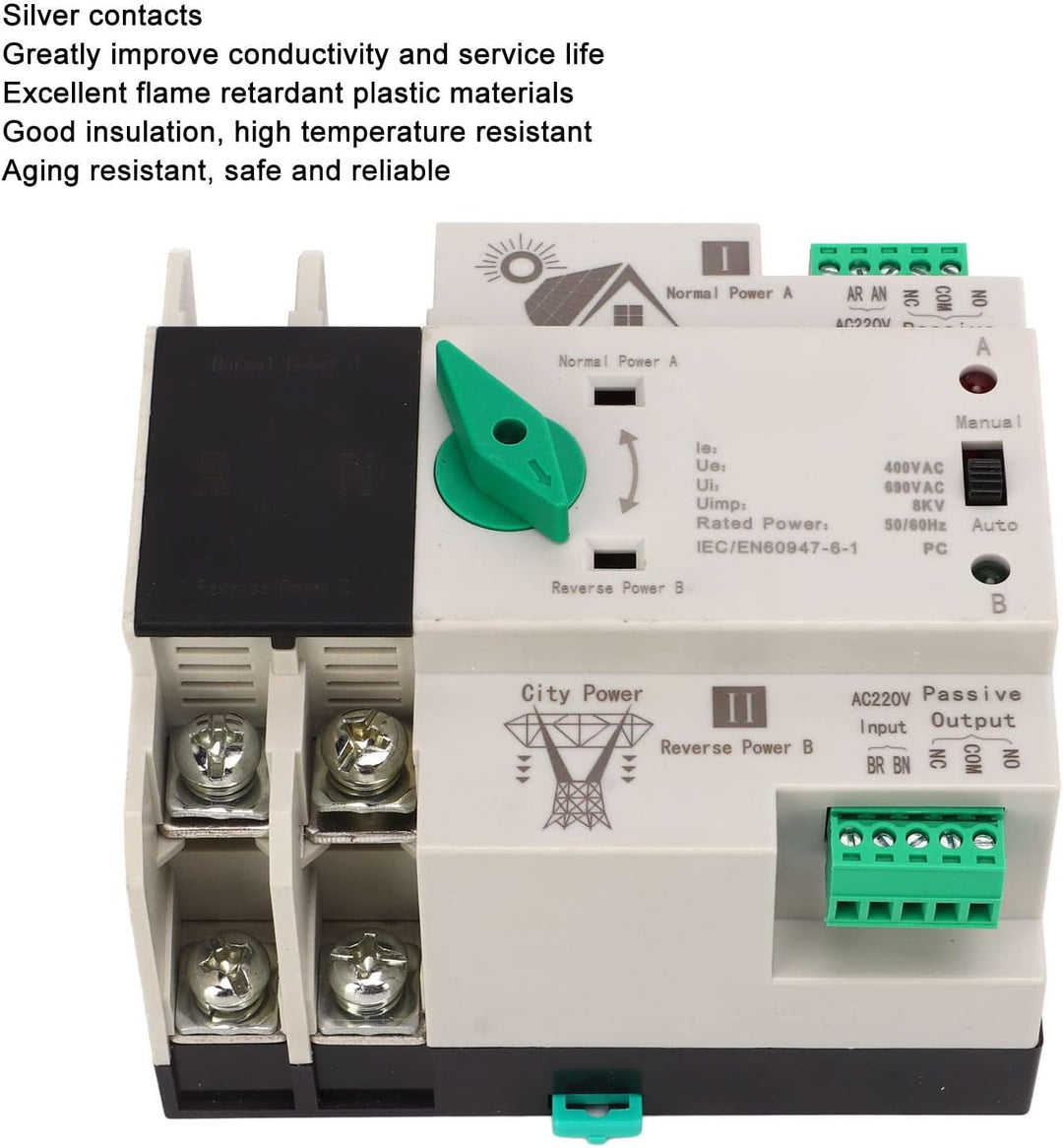 Dual Power Automatischer Transferschalter AC 230V 2P 63A ATS PC Hutschiene Notstrom Netz Umschalter