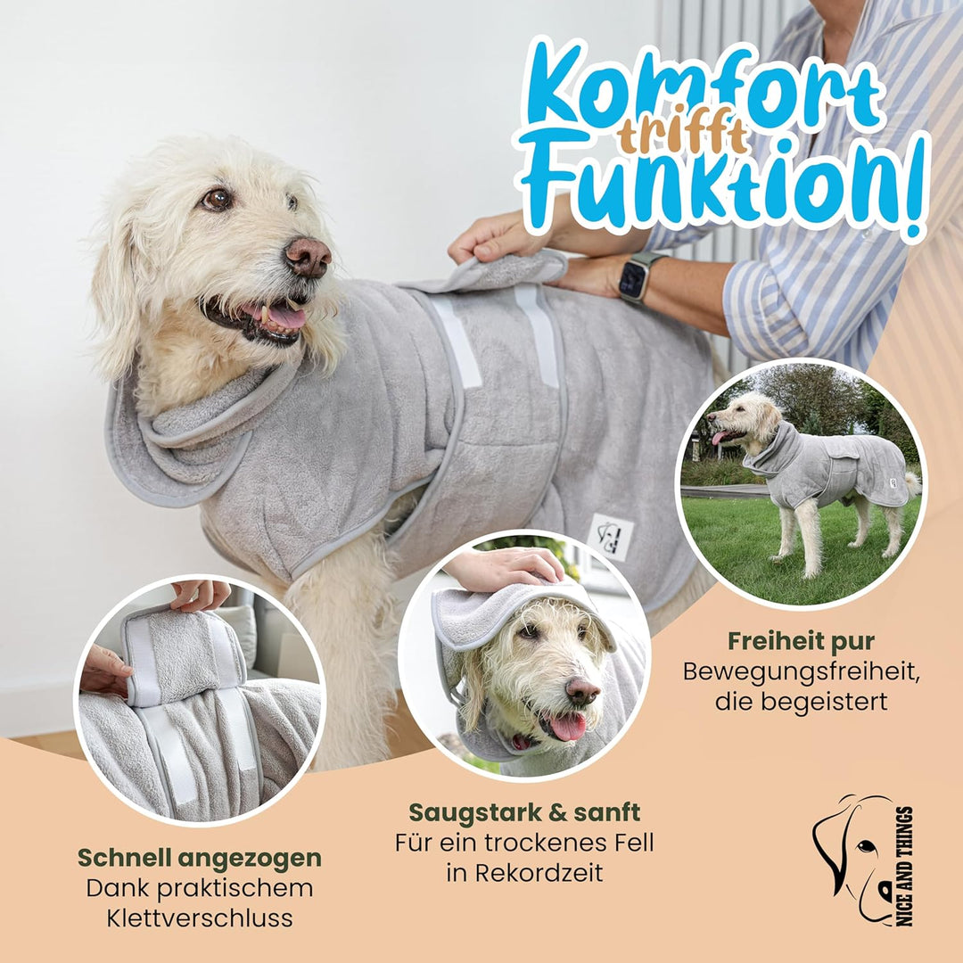 Nice and things® Luxuriöser Hundebademantel in GRAU - TESTSIEGER extra saugfähig - Ultraweicher Hund