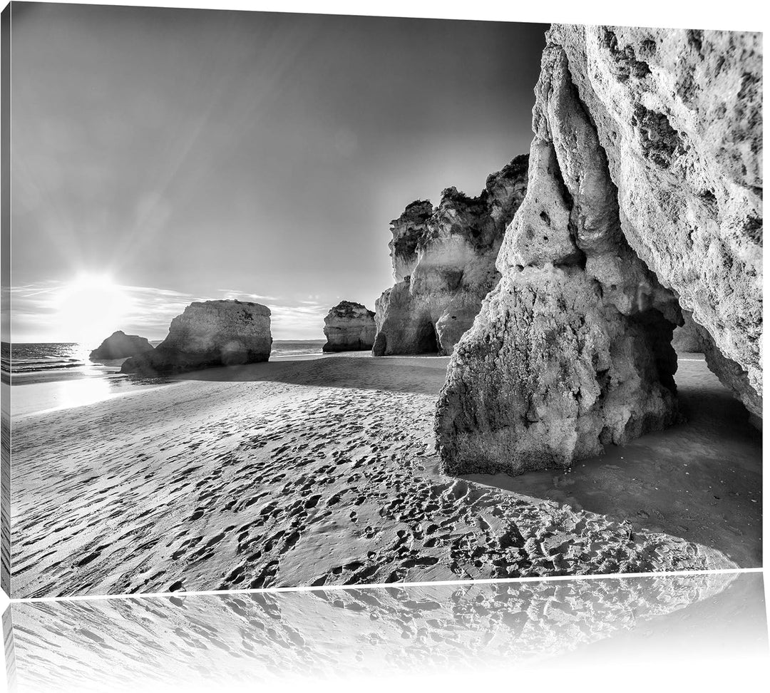 Pixxprint Monocrome, Sonnenuntergang an Felsen, Format: 100x70 auf Leinwand, 100x70