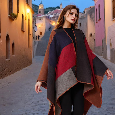 Shmily Girl - Damen Poncho Habe Gestrickt Überdimensionalen Decke Kap-Schal Plaid / Rot, Plaid / Rot